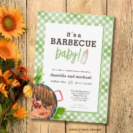 Green Rustic Gingham Barbecue Baby Shower Inbjudningar