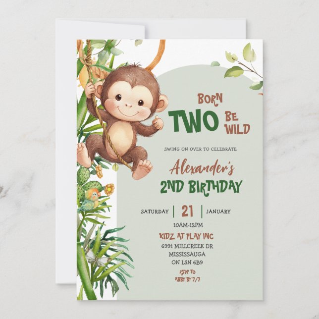 Green Safari Monkey Born Two Be Wild 2nd Birthday Inbjudningar (Framsida)