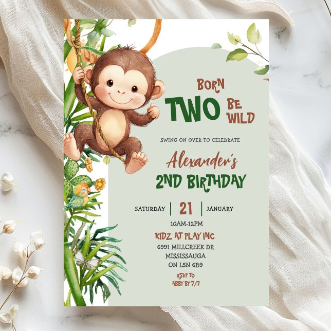 Green Safari Monkey Born Two Be Wild 2nd Birthday Inbjudningar (Skapare uppladdad)