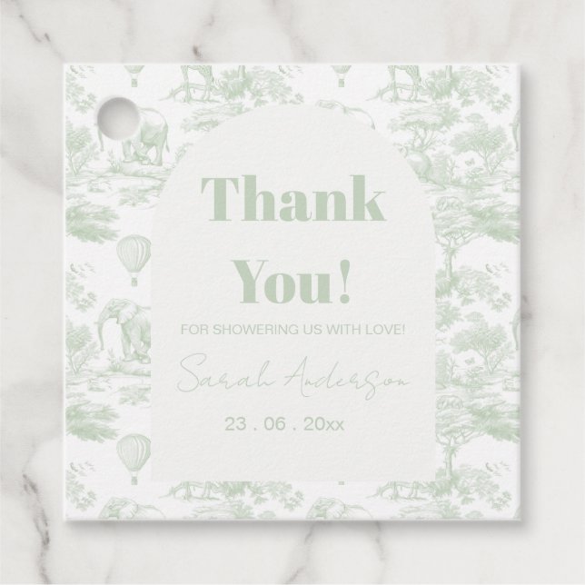 Green Safari Toile D Jouy Jungle Theme Baby Shower Gåvor Etiketter (Framsida)