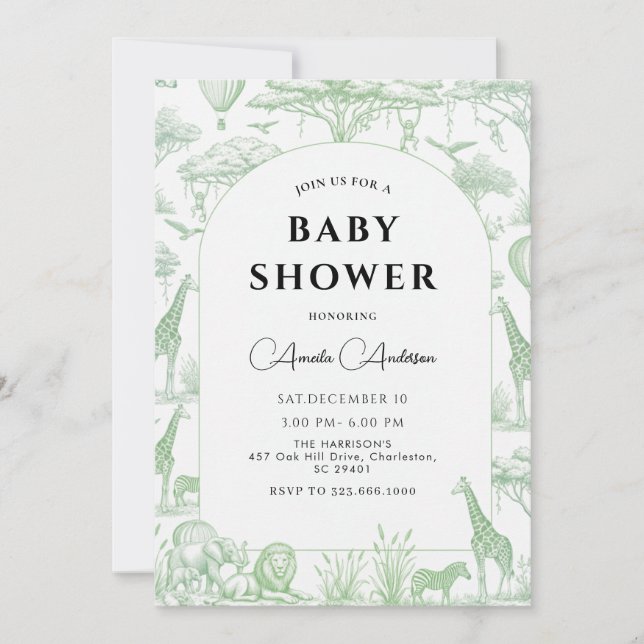 Green Safari Toile De Jouy Boy Baby Shower  Inbjudningar (Framsida)