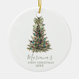 Green Sage Bow Pine Trees First Christmas Julgransprydnad Keramik