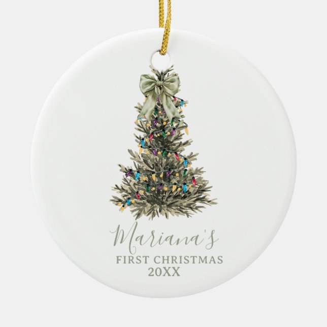 Green Sage Bow Pine Trees First Christmas Julgransprydnad Keramik (Framsidan)