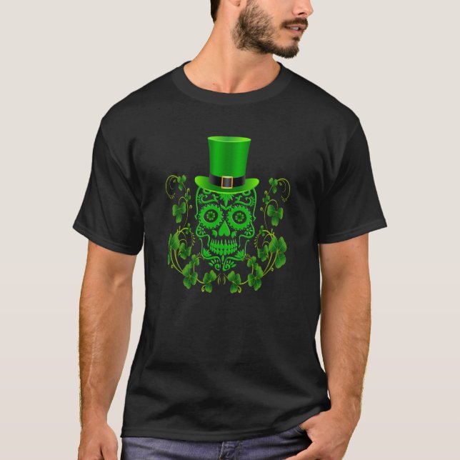 Green Saint Patricks Day Sugar Skull T Shirt (Framsida)