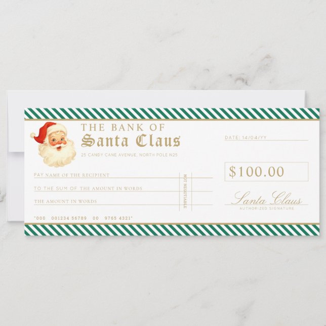 Green Santa Cheque Gift Voucher Card Inbjudningar (Framsida)