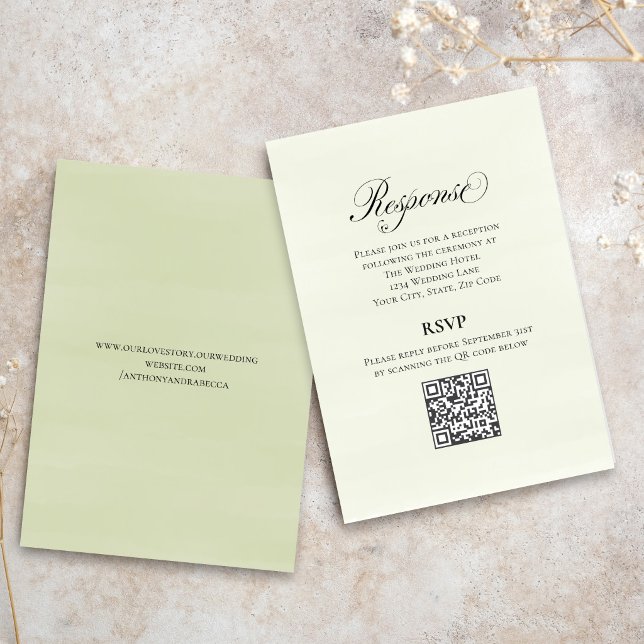 Green Script Wedding QR Code RSVP Elegant  Tilläggskort (Elegant greenery script RSVP with QR code for easy online guest responses.)