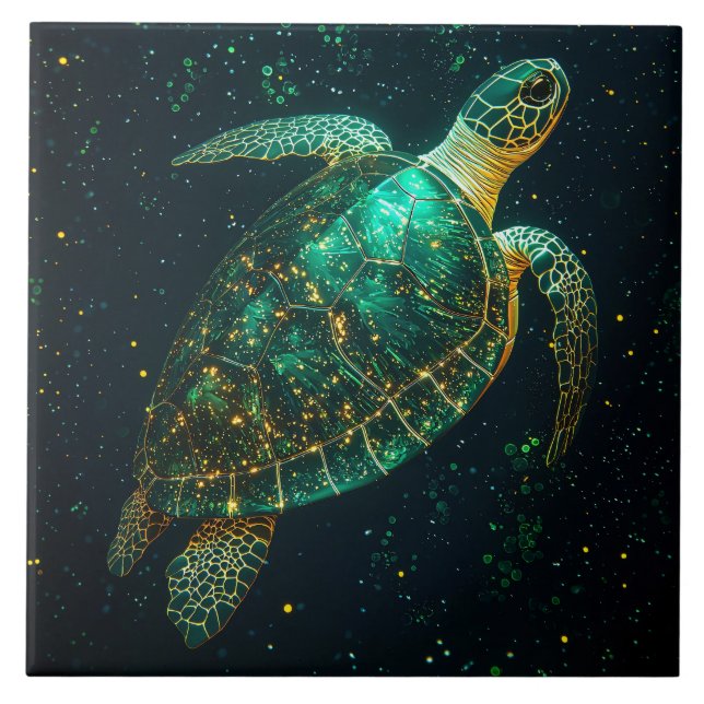 Green Sea Turtle on Dark Background Kakelplatta (Framsidan)