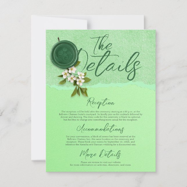 Green Seal Wedding Details Card Inbjudningar (Framsida)