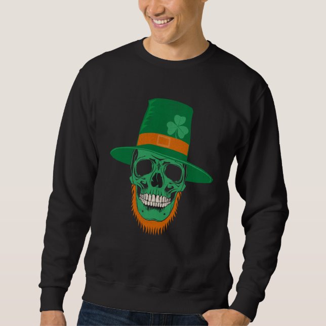 Green Shamrock Skull Irish Flag Ireland St Patrick Lång Ärmad Tröja (Framsida)
