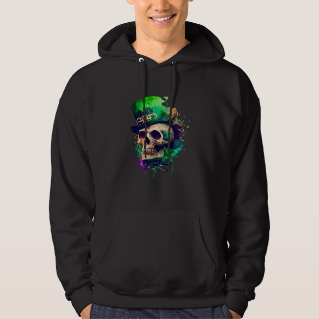 Green Shamrock Skull Irish Ireland St Patricks Day Hoodie (Framsida)