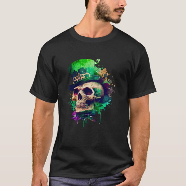 Green Shamrock Skull Irish Ireland St Patricks Day T Shirt (Framsida)