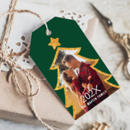 Green Shiny Christmas Tree Personalized Photo Presentetikett
