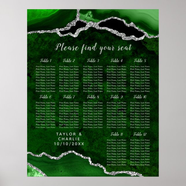 Green Silver Agate Wedding Seating Chart 12 Table Poster (Framsidan)