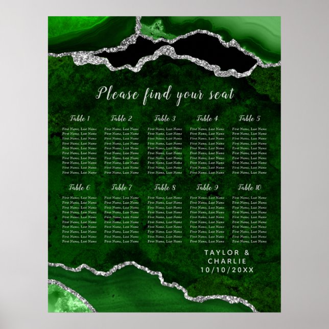 Green Silver Agate Wedding Seating Chart 12 Table Poster (Framsidan)