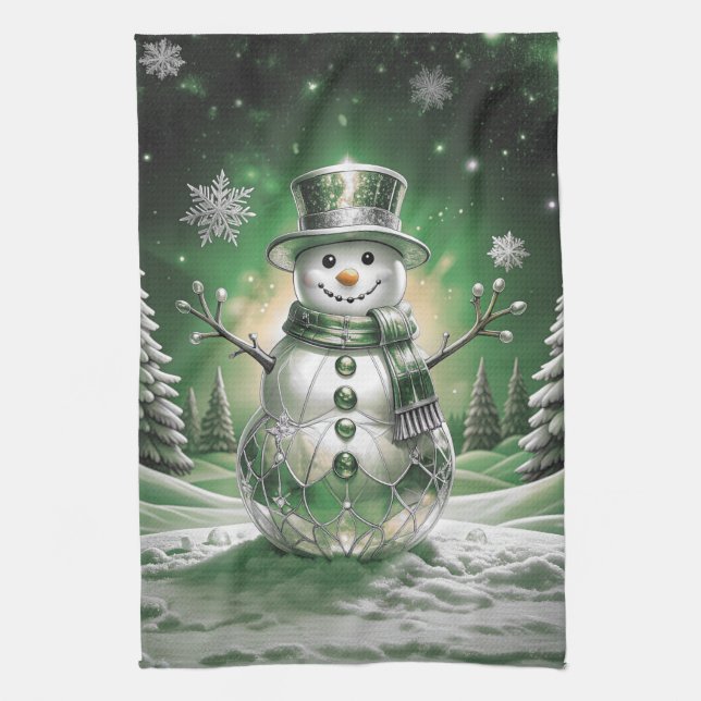 Green Snowman Snowflakes Holiday Kitchen Towel Kökshandduk (Vertikal)