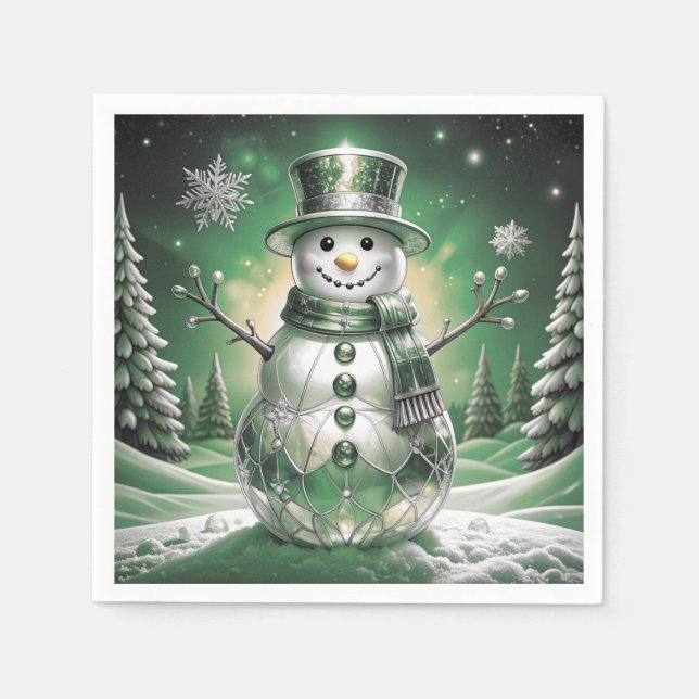 Green Snowman Snowflakes Holiday Napkin Pappersservett (Framsidan)