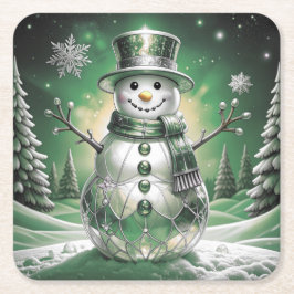 Green Snowman Snowflakes Holiday Paper Coaster Underlägg Papper Kvadrat