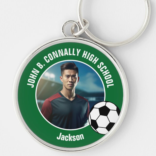 Green Soccer Player Photo High School Rund Silverfärgad Nyckelring (Framsidan)