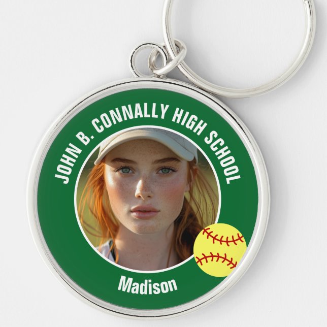 Green Softball Player Photo High School Keepsake Rund Silverfärgad Nyckelring (Framsidan)