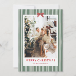 Green Stripe Red Bow Christmas Photo Holiday Card Julkort
