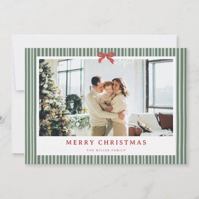 Green Stripe Red Bow Christmas Photo Holiday Card  Julkort (Framsida)