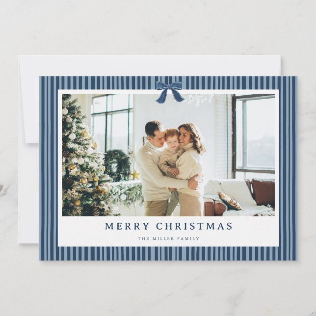 Green Stripe Red Bow Christmas Photo Holiday Card  Julkort (Framsida)