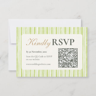 Green Stripe Wedding RSVP Postcards with QR Code OSA Kort