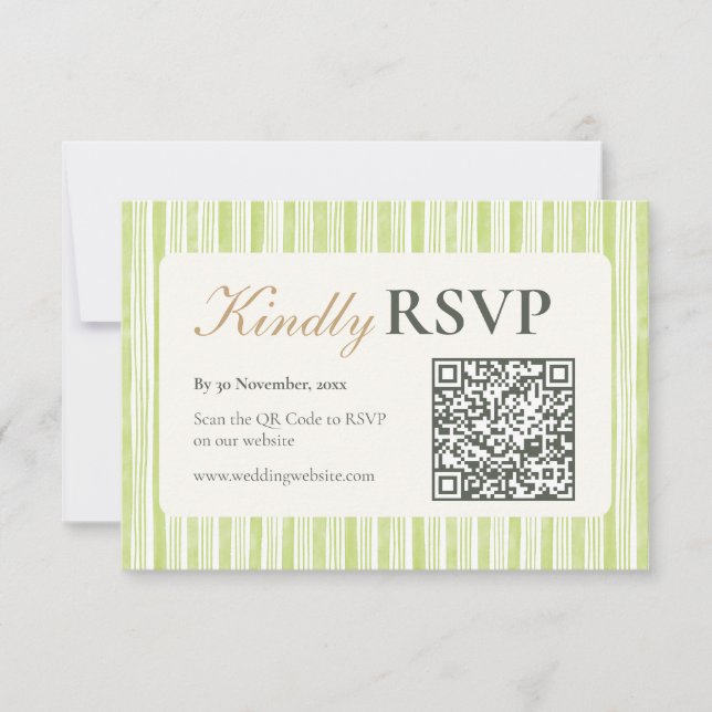 Green Stripe Wedding RSVP Postcards with QR Code OSA Kort (Framsida)