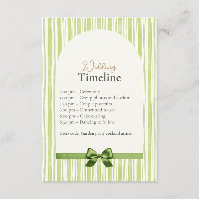 Green Stripe Wedding Timeline Cards with QR Code Tilläggskort (Framsida)