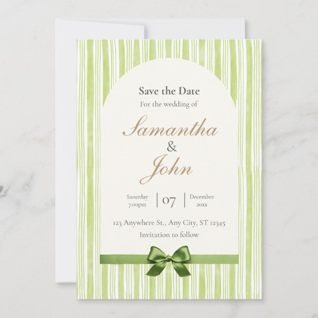 Green Stripe with Arch Wedding Save the Date Cards Inbjudningar (Framsida)