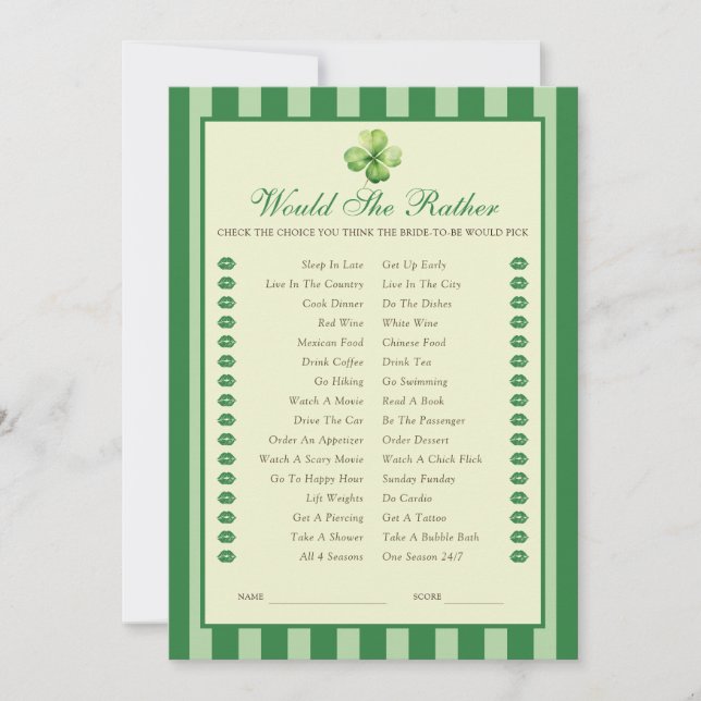 Green Striped Clover Would She Rather Game Card Inbjudningar (Framsida)