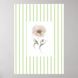 Green Striped  watercolor rose Wall Art Print Poster