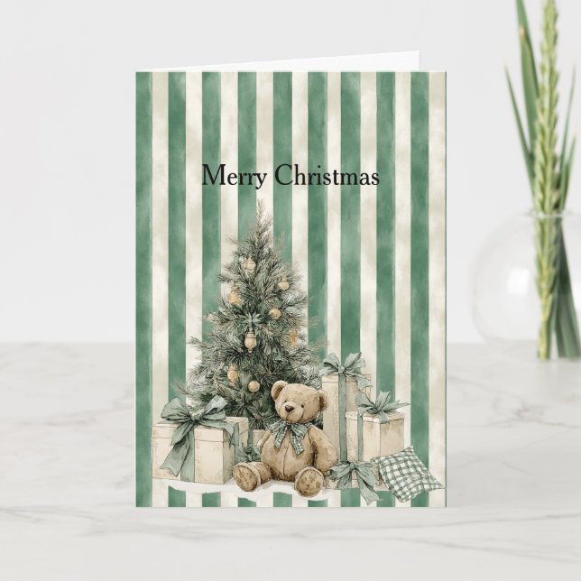 Green Stripes Christmas Tree Teddy Bear Gifts Kort (Framsida)