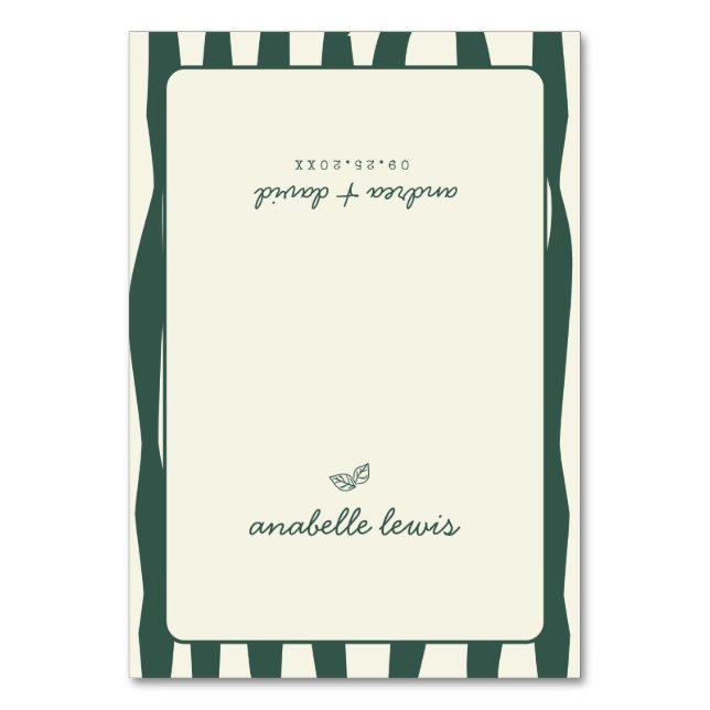 Green Stripes Custom Guest Name Wedding Place Card Bordsnummer (Framsidan)
