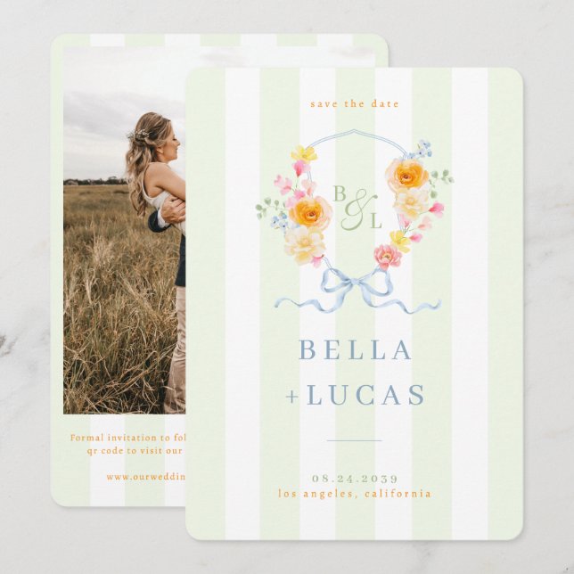 Green Stripes Floral Crest Monogram Spring Wedding Spara Datumet (Fram/baksida)