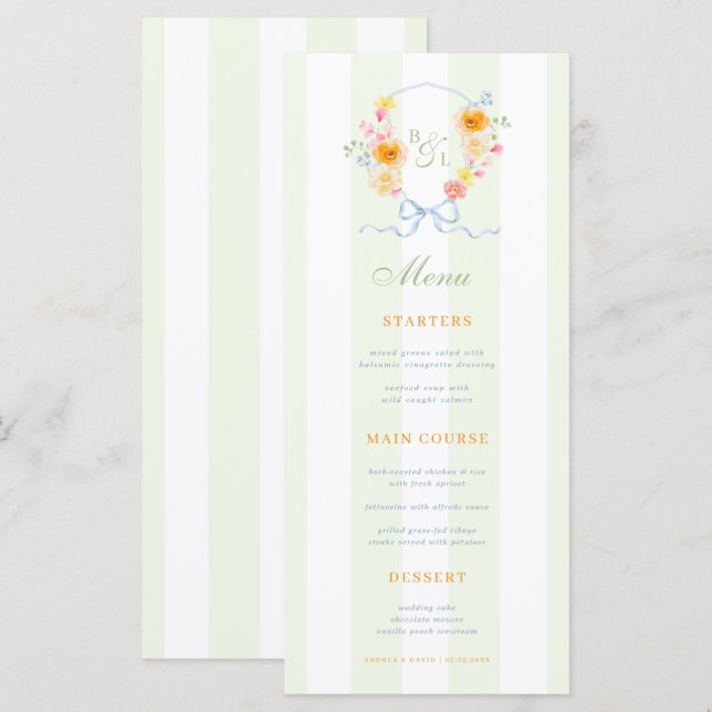 Green Stripes & Floral Crest Spring Wedding Menu Meny (Fram/baksida)