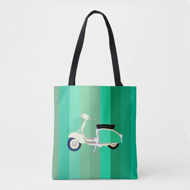 Green Stripes Retro Scooter Tote Bag Tygkasse (Framsida)