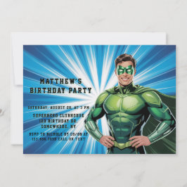Green Superhero Boys Birthday Party Inbjudningar