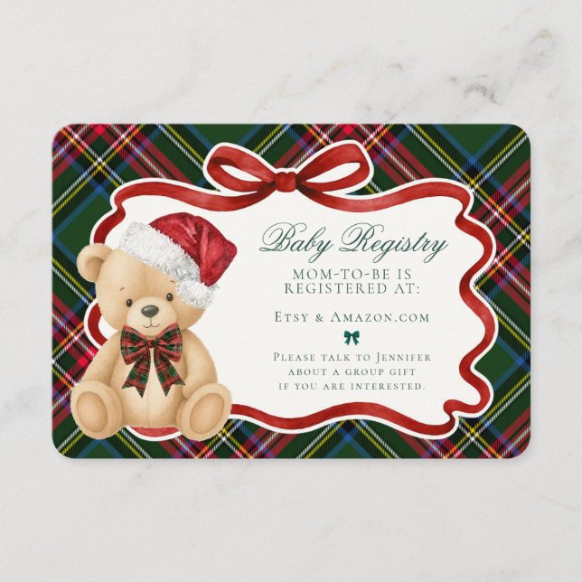Green Tartan Plaid Christmas Bear Baby Registry Tilläggskort (Framsida)