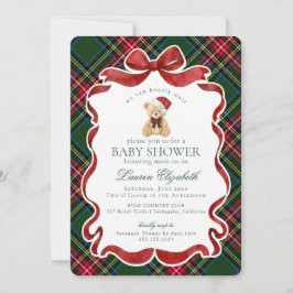 Green Tartan Plaid Christmas Bear Baby Shower Inbjudningar