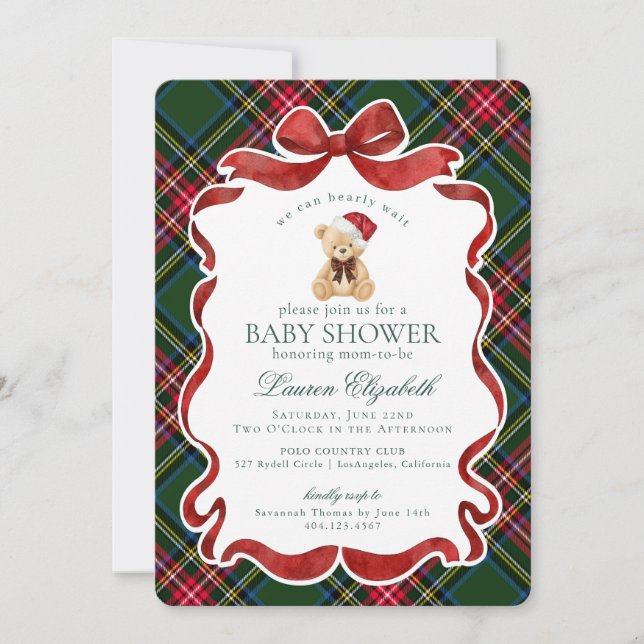 Green Tartan Plaid Christmas Bear Baby Shower Inbjudningar (Framsida)