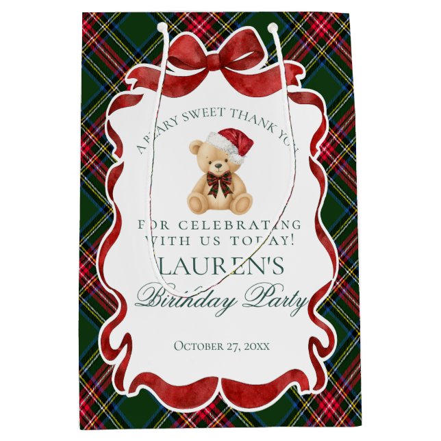 Green Tartan Plaid Christmas Bear Birthday Favors (Framsidan)