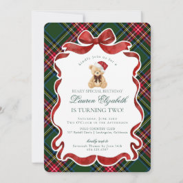 Green Tartan Plaid Christmas Bear Birthday Inbjudningar