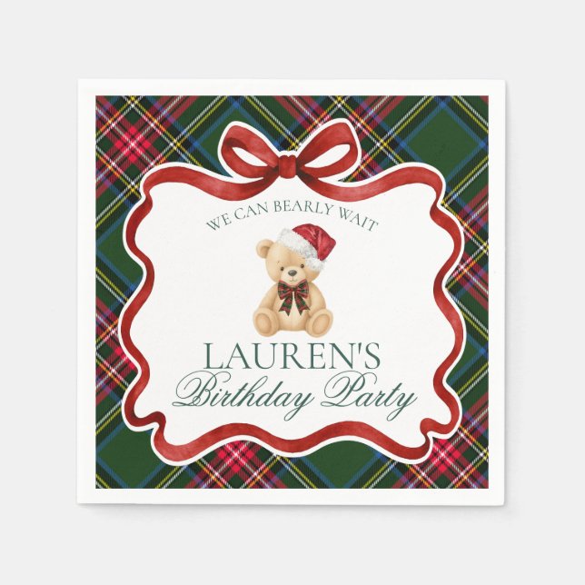 Green Tartan Plaid Christmas Bear Birthday Party Pappersservett (Framsidan)