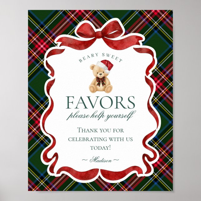 Green Tartan Plaid Christmas Bear Party Favor Sign Poster (Framsidan)