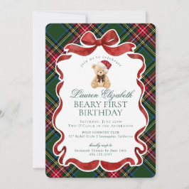 Green Tartan Plaid Christmas Beary First Birthday Inbjudningar