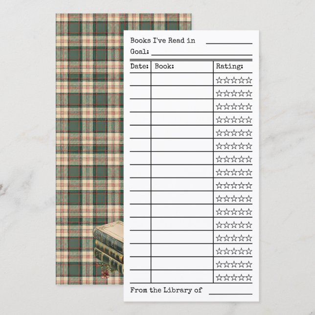 Green Tartan-Plaid Reading List Tracker Flat Card (Fram/baksida)