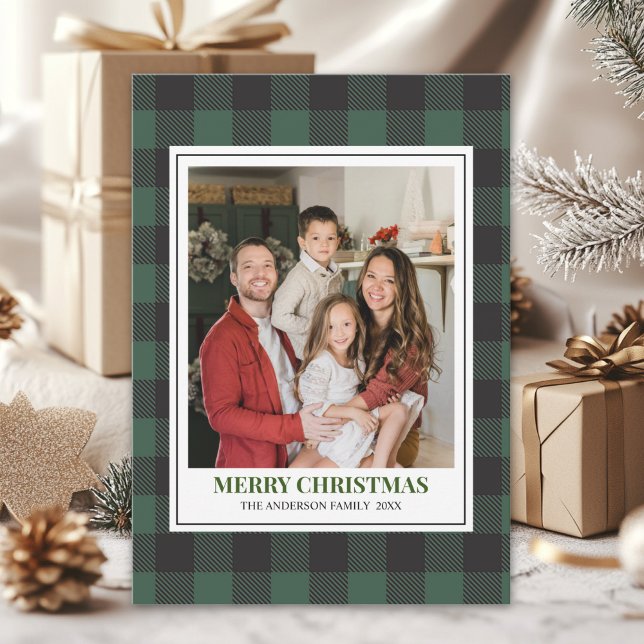 Green Tartan Plaid with Christmas Family Photo Julkort (Skapare uppladdad)