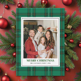 Green Tartan Plaid with Christmas Family Photo Julkort