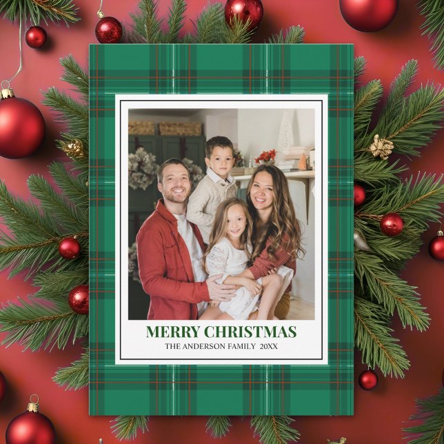 Green Tartan Plaid with Christmas Family Photo Julkort (Skapare uppladdad)